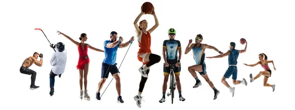 Collage de diferentes 8 deportistas profesionales, aptos para personas en acción y movimiento aislados sobre fondo blanco. Volante. — Foto de Stock