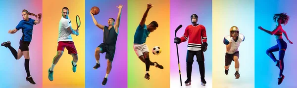Collage van verschillende professionele sporters, fit mensen in actie en beweging geïsoleerd op veelkleurige neon achtergrond. Vlieger. — Stockfoto