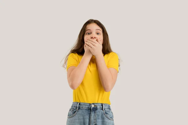 Caucasian girl isolated on white studio background. Copyspace. Childhood, education, emotions concept — Stock Photo, Image