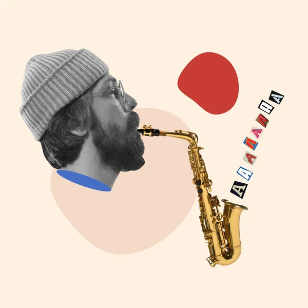 Collage de arte contemporáneo, diseño moderno. Estilo retro. Elegante hipster, hombre tocando el saxofón con letras de revistas sobre fondo amarillo —  Fotos de Stock