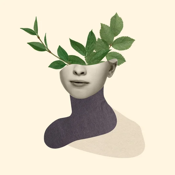 Samtida konstcollage, modern design. Retrostil. Vacker kvinnlig ansikte med gröna blad av växt på pastell gul bakgrund. — Stockfoto
