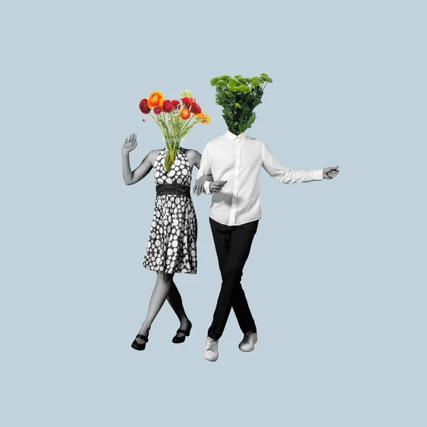 Collage d'arte contemporanea, design moderno. Stile retrò. Coppia di ballerini con fiori e piante su sfondo blu pastello. — Foto Stock