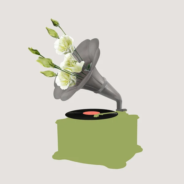 Collage zeitgenössischer Kunst, modernes Design. Retro-Stil. Partyphone mit Blumenstrauß mit blühenden Frühlingsblumen auf pastellfarbenem Hintergrund. — Stockfoto