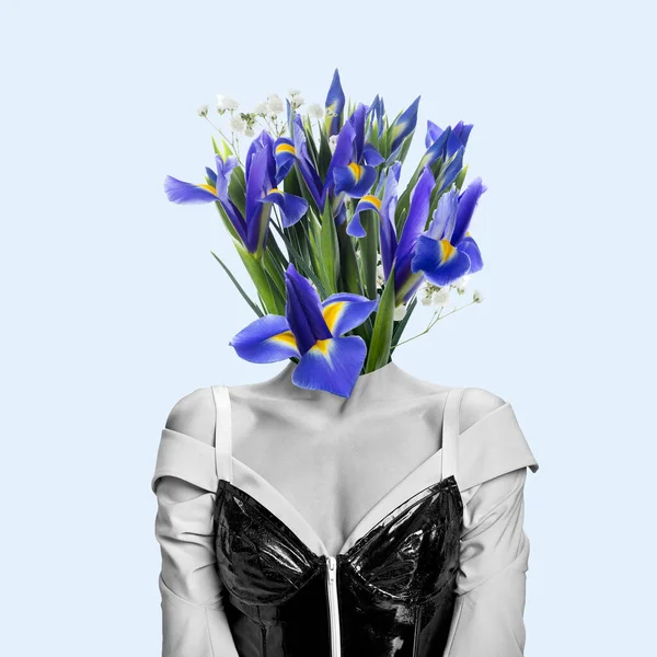 Collage de arte contemporáneo, diseño moderno. Estilo retro. Mujer encabezada con ramo de hermosas flores de primavera sobre fondo pastel —  Fotos de Stock