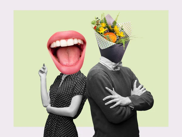 現代美術のコラージュ、現代的なデザイン。レトロなスタイル。夫婦は春の花の花束で頭とパステルの背景に大きな女性の口 — ストック写真