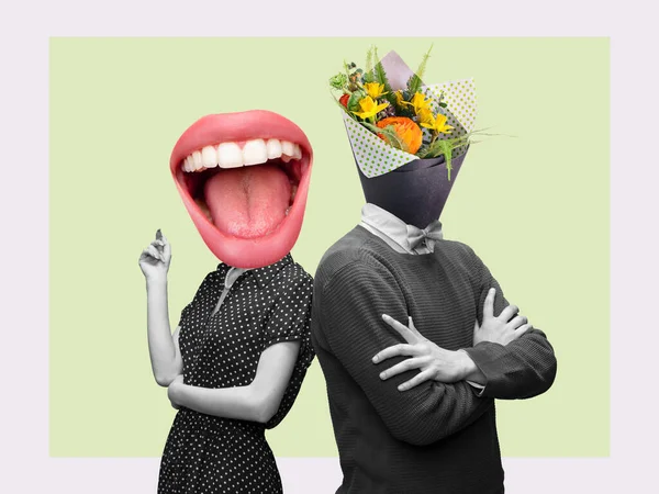 Colagem de arte contemporânea, design moderno. Estilo retrô. Casal encabeçado com buquê de flores da primavera e grande boca feminina no fundo pastel — Fotografia de Stock