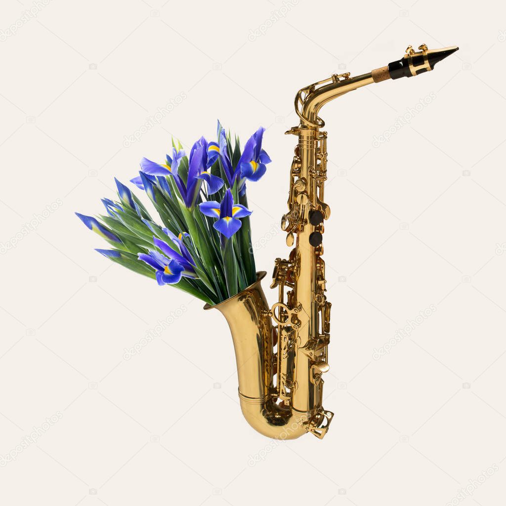 Contemporary art collage, modern design. Retro style. Saxophone with bouquet of blooming spring flowers on pastel background