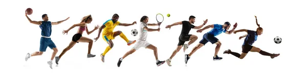 Kollázs a különböző profi sportolók, illik az emberek akcióban és mozgásban elszigetelt fehér háttér. Szórólap. — Stock Fotó