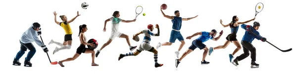 Collage of different professional sportsmen, fit people in action and motion isolated on white background. Flyer. — Stock Photo, Image