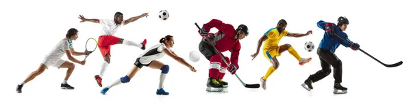 Collage van verschillende professionele sporters, fit mensen in actie en beweging geïsoleerd op witte achtergrond. Vlieger. — Stockfoto