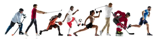 Collage av olika professionella idrottare, passar människor i aktion och rörelse isolerad på vit bakgrund. Flygblad. — Stockfoto