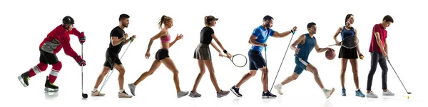 Collage de diferentes deportistas profesionales, aptos para personas en acción y movimiento aislados sobre fondo blanco. Volante. —  Fotos de Stock