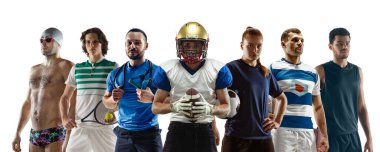 Farklı profesyonel sporculardan oluşan bir kolaj, beyaz arka planda izole edilmiş hareket ve harekete hazır insanlar. El ilanı.