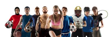 8 farklı profesyonel sporcudan oluşan kolaj, beyaz arka planda izole edilmiş hareket ve eylem halindeki insanlara uygun. El ilanı.