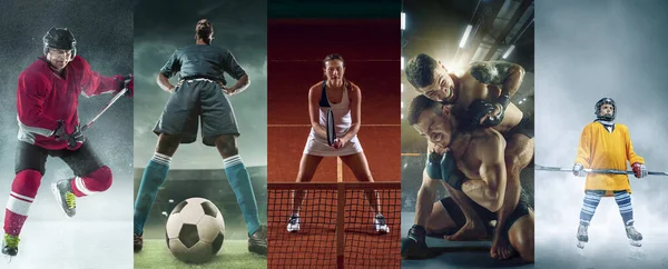Collage aus verschiedenen Profisportlern, fitten Menschen in Aktion und Bewegung isoliert auf buntem Lifestyle-Hintergrund. Flyer. — Stockfoto