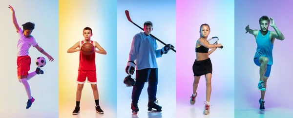 Collage de diferentes deportistas profesionales, aptos para personas en acción y movimiento aislado sobre fondo de neón multicolor. Volante. —  Fotos de Stock