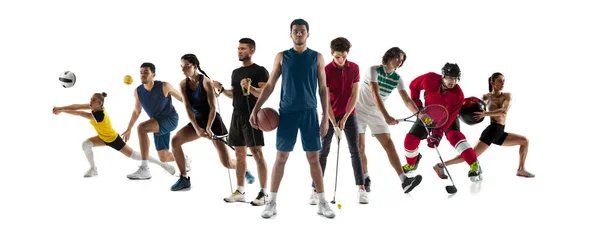 Collage av 8 olika professionella idrottare, passar människor i aktion och rörelse isolerad på vit bakgrund. Flygblad. — Stockfoto