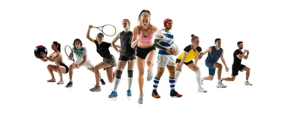 Collage de différents sportifs professionnels, adapter les gens en action et le mouvement isolé sur fond blanc. Dépliant. — Photo