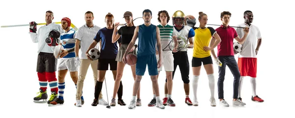 Collage von 10 verschiedenen professionellen Sportlern, fitten Menschen in Aktion und Bewegung isoliert auf weißem Hintergrund. Flyer. — Stockfoto