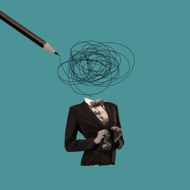 Modern tasarım, çağdaş sanat kolajı. İlham, fikir, modaya uygun şehir dergisi tarzı. Kadınlardaki sert düşünceler mavi arka planda.