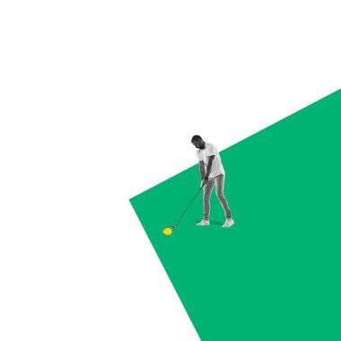 Modern tasarım, çağdaş sanat kolajı. İlham, fikir, modaya uygun şehir dergisi tarzı. Çift renkli arka planda limonlu erkek golf oyuncusu