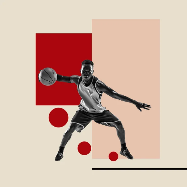 近代的なデザイン、現代美術のコラージュ。インスピレーション、アイデア、流行の都市雑誌のスタイル。幾何学的背景を持つアフリカのバスケットボール選手 — ストック写真