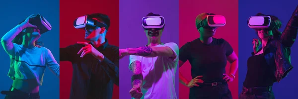 Portrét skupiny lidí na pestrobarevném pozadí v neonovém světle, koláž. Hrát hry ve VR-headsetu — Stock fotografie