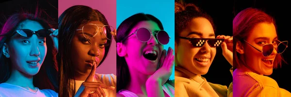 Retratos de grupo de pessoas em fundo multicolorido em luz de néon, colagem. — Fotografia de Stock