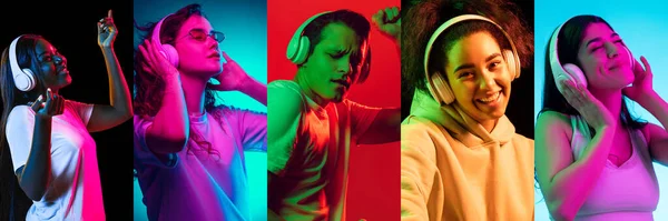 Portraits of group of people on multicolored background in neon light, collage. — Stock Photo, Image