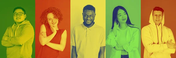 Retratos de grupo de pessoas em fundo multicolorido em estilo duotone, colagem. — Fotografia de Stock