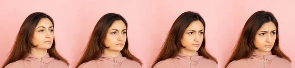 Evolution of emotions. Latino womans portrait isolated over pinkl studio background