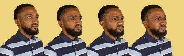 Evolution of emotions, African mans portrait isolated on yellow studio background