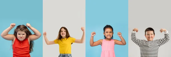 Kunstcollage aus Porträts kleiner und glücklicher Kinder isoliert auf buntem Studiohintergrund. Menschliche Emotionen, Gesichtsausdruck — Stockfoto