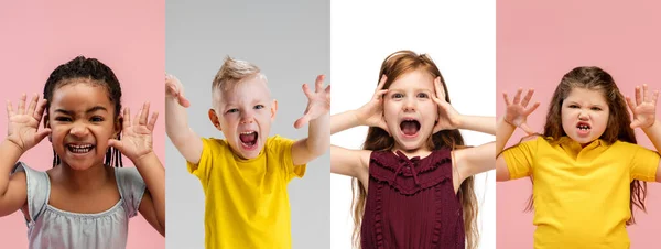 Konstcollage av porträtt av små och glada barn isolerade på flerfärgad studio bakgrund. Mänskliga känslor, ansiktsuttryck koncept — Stockfoto