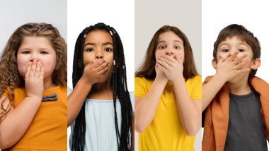 Çok renkli stüdyo arka planında izole edilmiş küçük ve mutlu çocukların portrelerinden yapılmış sanat kolajı. İnsani duygular, yüz ifadesi kavramı