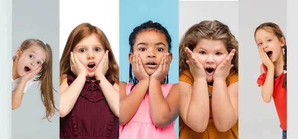 Kunstcollage aus Porträts kleiner und glücklicher Kinder isoliert auf buntem Studiohintergrund. Menschliche Emotionen, Gesichtsausdruck — Stockfoto