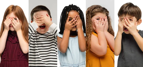 Kunstcollage aus Porträts kleiner und glücklicher Kinder isoliert auf weißem Studiohintergrund. Menschliche Emotionen, Gesichtsausdruck — Stockfoto