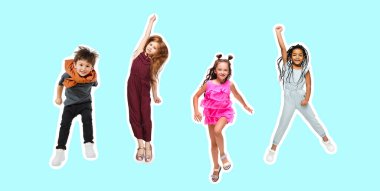 Bir grup ilkokul öğrencisi ya da öğrenci mavi arka planda renkli günlük kıyafetler içinde atlıyorlar. Kolaj.