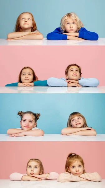 Ocho niños y niñas felices soñando aislados sobre fondo de estudio bicolor azul y rosa. collage creativo — Foto de Stock