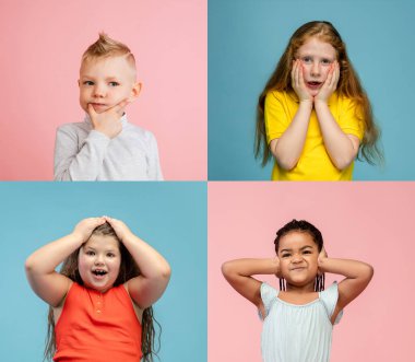 Çok renkli stüdyo arka planında izole edilmiş küçük ve mutlu çocukların portrelerinden yapılmış sanat kolajı. İnsani duygular, yüz ifadesi kavramı