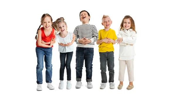 Art collage gemaakt van portretten van kleine en gelukkige kinderen geïsoleerd op witte studio achtergrond. Menselijke emoties, gezichtsuitdrukking concept — Stockfoto