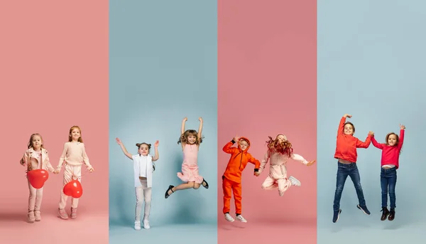 Художественный коллаж из портретов маленьких и счастливых детей, изолированных на многоцветном студийном фоне. Человеческие эмоции, концепция выражения лица — стоковое фото