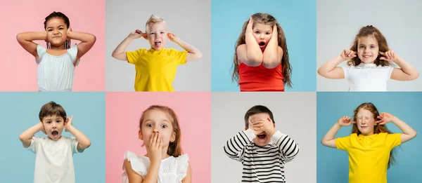 Kunstcollage aus Porträts kleiner und glücklicher Kinder isoliert auf buntem Studiohintergrund. Menschliche Emotionen, Gesichtsausdruck — Stockfoto