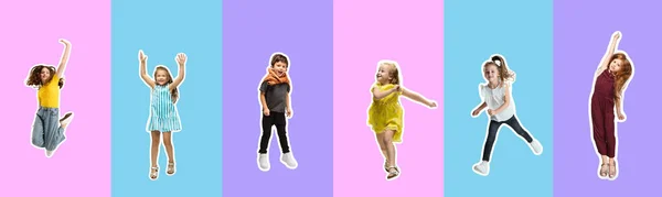 Collage d'arte composto da ritratti di bambini piccoli e felici isolati su uno sfondo multicolore. Emozioni umane, concetto di espressione facciale — Foto Stock