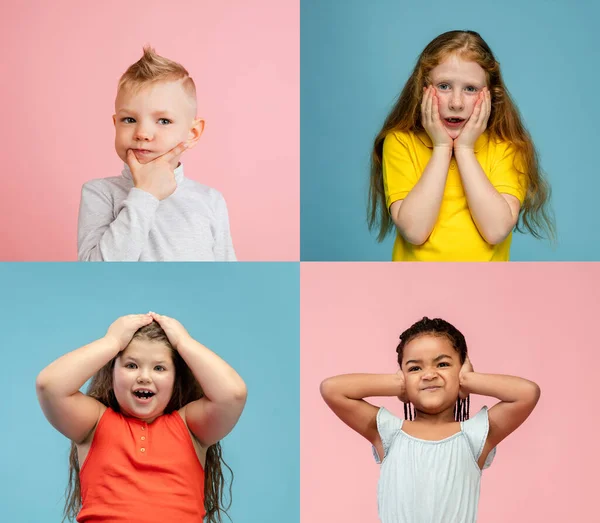 Collage d'art composé de portraits de petits et heureux enfants isolés sur fond de studio multicolore. Émotions humaines, concept d'expression faciale — Photo