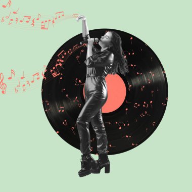 Çağdaş sanat kolajı, modern tasarım. Retro tarzı. Renkli arka planda şarkı söyleyen şık bir sanatçı