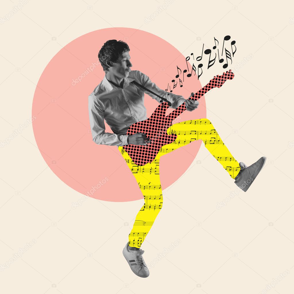 Contemporary art collage, modern design. Retro style. Stylish performer playing guitar on pastel color background