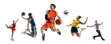 Farklı profesyonel sporculardan oluşan bir kolaj, beyaz arka planda izole edilmiş hareket ve harekete hazır insanlar. El ilanı.