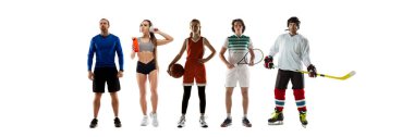 Farklı profesyonel sporculardan oluşan bir kolaj, beyaz arka planda izole edilmiş hareket ve harekete hazır insanlar. El ilanı.