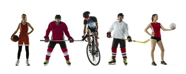Collage de diferentes deportistas profesionales, aptos para personas en acción y movimiento aislados sobre fondo blanco. Volante. —  Fotos de Stock